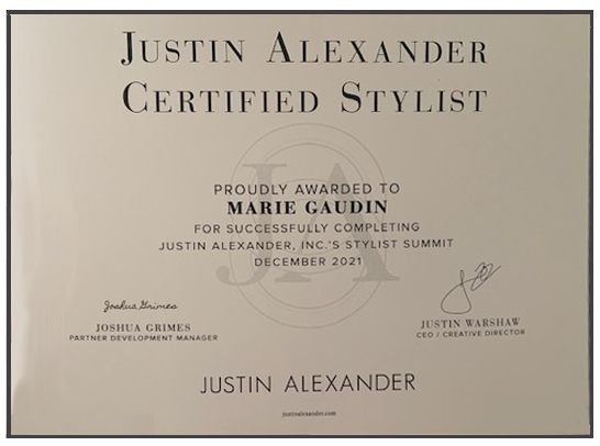 Justin Alexander Certified Stylist certificate